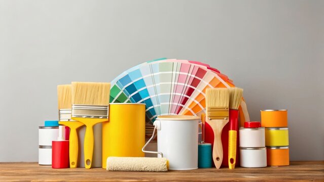 Colorful Paint Supplies and Tools with Color Swatches on Wooden Table for Home Improvement - Powered by Adobe