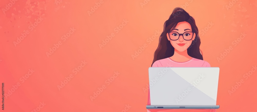 Fototapete young woman working on laptop with coding graphics in background and ample space for text integratio