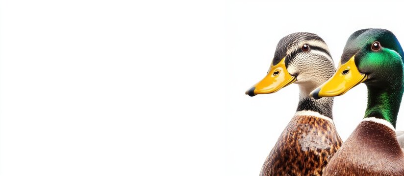 Close-up portrait of a female mallard duck and drake showcasing their vibrant plumage with empty space for text or branding. - Powered by Adobe