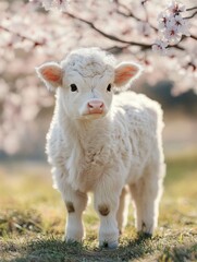 Fototapeta premium Adorable White Calf in Cherry Blossom Field