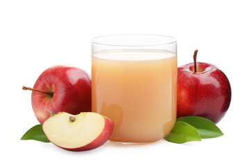 Tasty apple juice and fresh fruits isolated on white