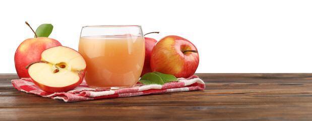 Tasty apple juice and fresh fruits on wooden table against white background