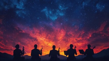 Fototapeta premium Silhouettes of musicians performing under a vibrant sunset sky, creating a serene and artistic atmosphere.