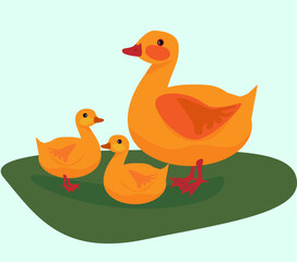 Cute yellow duck with two ducklings. Vector drawing.