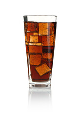 Glass of refreshing sweet soda water with ice cubes isolated on white