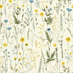 Delicate wildflowers flowers pattern with soft stems on cream background