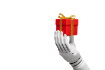 a bionic prosthetic arm or forearm in white on transparent background holds a red gift, prosthetics of limbs of arms and legs, modern cyber technologies