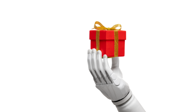 a bionic prosthetic arm or forearm in white on transparent background holds a red gift, prosthetics of limbs of arms and legs, modern cyber technologies