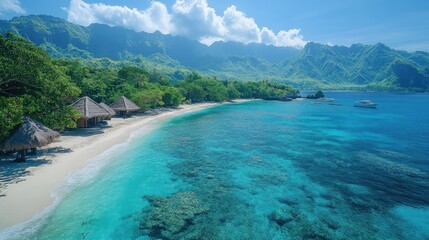 Tropical beach with turquoise water and traditional huts under a sunny sky
