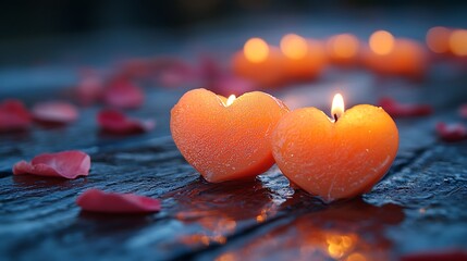 Love's Glow:  A pair of heart-shaped candles illuminate a romantic scene, casting a warm, inviting light on the wooden surface, surrounded by delicate rose petals.