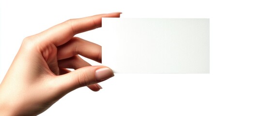 Obraz premium Blank business card held by female hand against white background for customizable branding and marketing purposes.