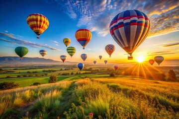 Fototapeta premium Colorful Hot Air Balloons Soaring Over Serene Landscape at Sunrise