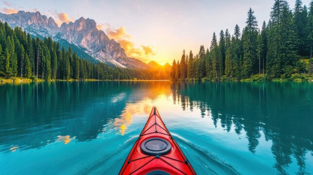 A vibrant sunset view from a kayak on a serene lake, surrounded by majestic mountains and lush pine trees.