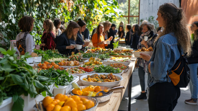 A sustainable event where guests are served food on biodegradable plates and cups, surrounded by educational booths about reducing plastic use and promoting composting 