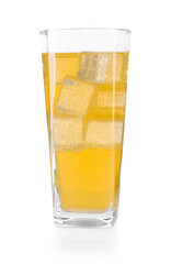 Sweet soda water with ice cubes in glass isolated on white