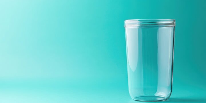 Elegant glass drinking cup on turquoise backdrop with empty copy space for eco-friendly beverage advertising or promotional designs