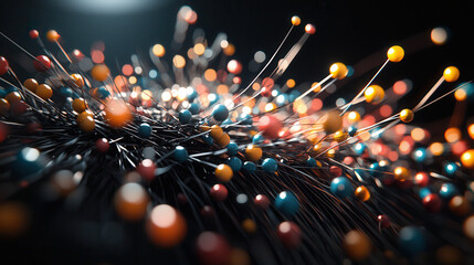 vibrant 3D atomic model with glowing particles, showcasing dynamic colors and intricate details, creating mesmerizing visual effect