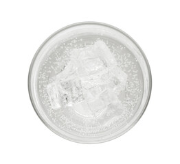 Soda water with ice cubes in glass isolated on white, top view