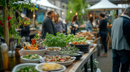 Obraz premium A sustainable event where guests are served food on biodegradable plates and cups, surrounded by educational booths about reducing plastic use and promoting composting 