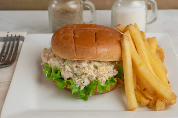 chicken salad  sandwich with fries