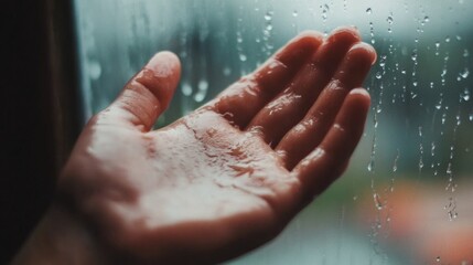 Hand pressed against a rain-soaked window conveying longing and solitude with ample space for text overlay in a melancholic atmosphere
