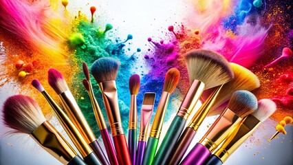 Fototapeta premium Colorful Makeup Brushes & Cosmetics Long Exposure Photography - White Background Stock Photo