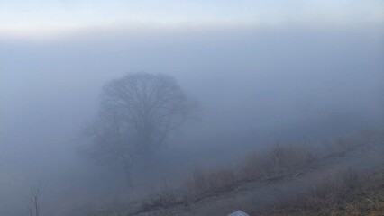 Road is dirt on the hillside. Fog in the valley, the vague silhouette of trees