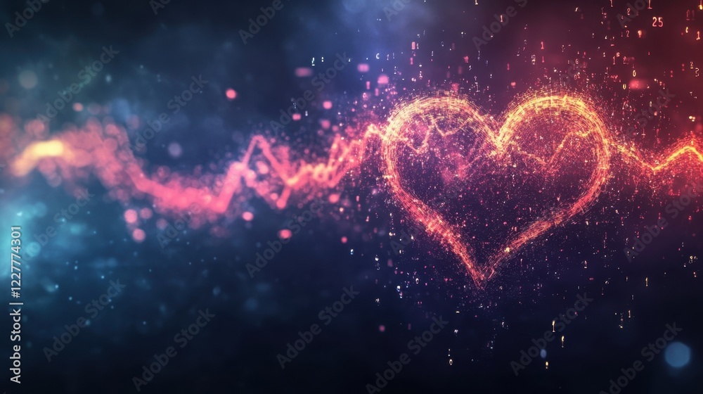 Poster flowing binary code surrounds a heart shape crafted from glowing particles, illustrating the concept