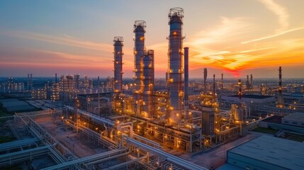 Fototapeta premium Industrial complex with towering smokestacks illuminated at sunset, showcasing vibrant operations