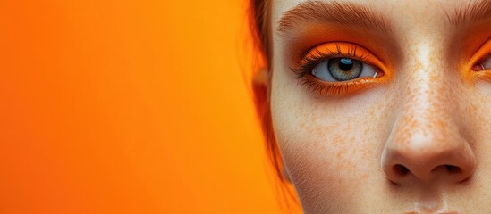 Orange painted female face close-up with vibrant eye makeup and textured skin against a bright orange background for creative text placement