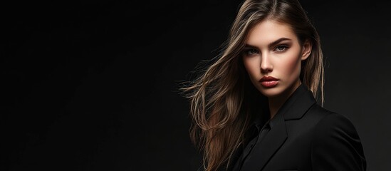 Naklejka premium Fashionable female model in dark business attire with a striking pose against a dark background and ample empty space for text placement