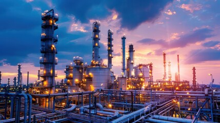 Fototapeta premium Industrial skyline at sunset with illuminated structures and dramatic cloud formations