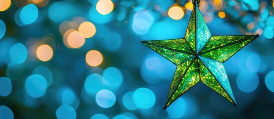 Green star shaped bokeh on azure background creating a chandelier effect with ample copy space for text placement in design projects