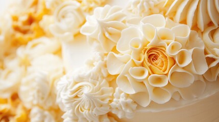 Elegant birthday cake adorned with yellow and white mascarpone flowers and ample copyspace for your personalized text or message.