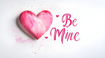 Valentine's Day card with a large pink heart and a handwritten "Be Mine" message in elegant calligraphy isolated on white background in HD