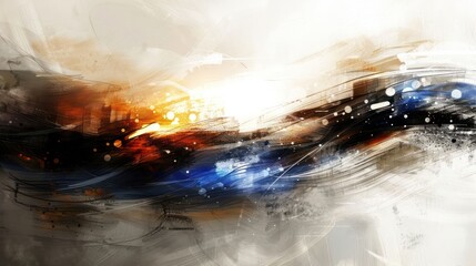 Abstract landscape painting with vibrant colors depicting a sunset over a tranquil sea