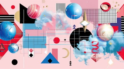 Obraz premium Abstract composition featuring colorful geometric shapes and textures against a soft pink background