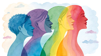 Creative exploration of multiple personality day in overlapping rainbow profiles design.