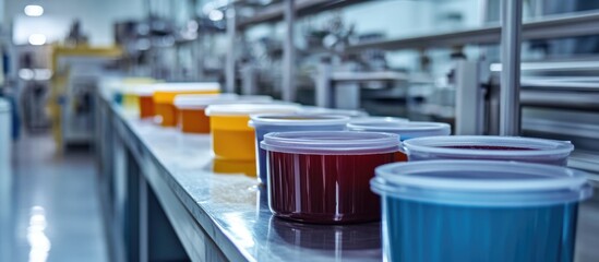 Food Color Manufacturing Process in Factory with Colorful Containers and Empty Space for Text Overlay