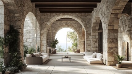 Serene Stone Courtyard: Mediterranean Villa Relaxation