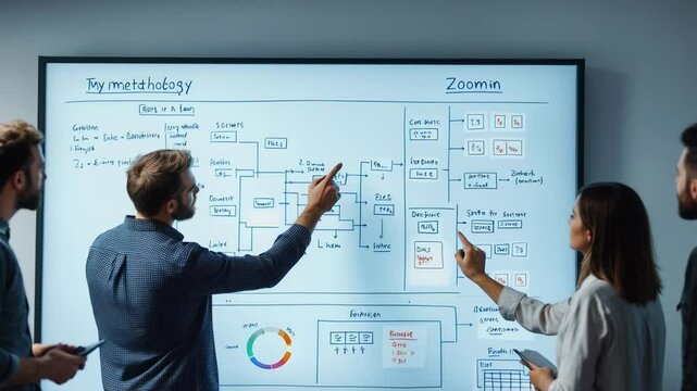 A group of professionals discusses innovative methodology and strategies on a large screen. They analyze charts and diagrams to enhance business practices during a collaborative session