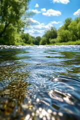 A clear river with trees and a blue sky in the background