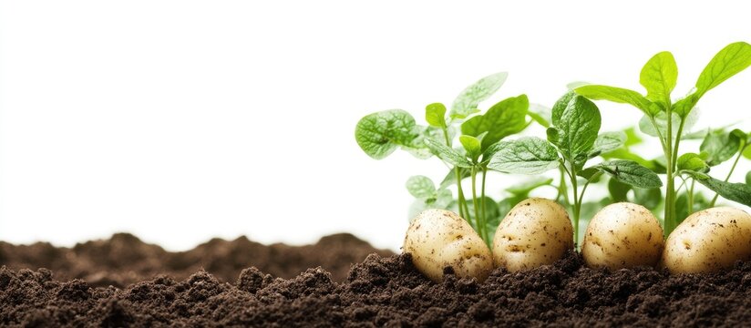Fototapeta Green potato plant sprouts growing in rich soil with blank space for text ideal for agricultural or gardening themes.