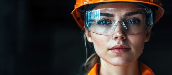 Female Carpenter in Safety Gear at Wood Manufacturing Factory Portrait with Copyspace for Text
