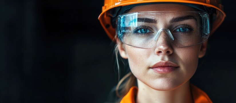 Female Carpenter in Safety Gear at Wood Manufacturing Factory Portrait with Copyspace for Text