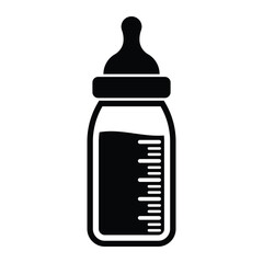 Baby bottle vector icon. Milk bottle symbol with scale. Black silhouette isolated on white background.