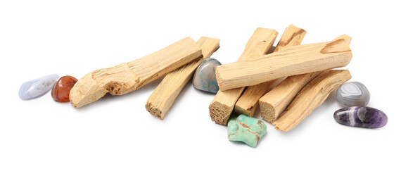 Palo santo sticks and gemstones isolated on white