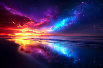 Fototapeta premium Starlit Coastline: Ocean Reflecting Distant Galaxies and Nebulae Under a Starry Sky, Creating a Breathtaking Cosmic Scene of Celestial Light and Wonder
