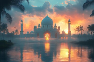 Idyllic Palace with Domes and Towers at Sunset, Reflected in Water, with Palm Silhouettes and Mist

