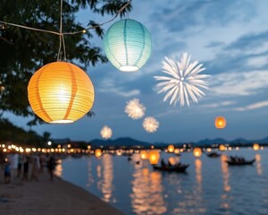 Colorful Lanterns by the Water During Evening Festival Celebration